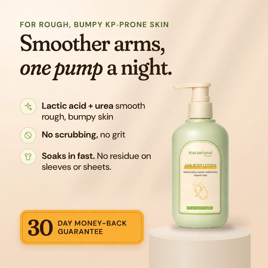 Halorinna AHA body lotion pump bottle with smoother arms message and 30-day money-back guarantee badge