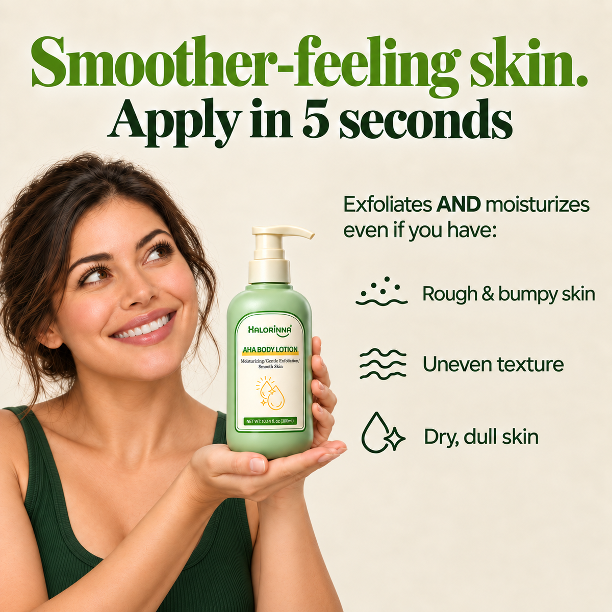 Woman holding Halorinna body lotion with exfoliating and moisturizing benefits for rough, uneven, dry skin